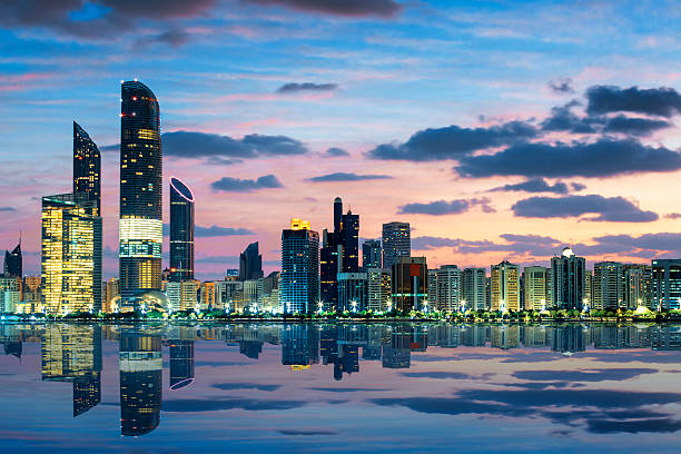 View of Abu Dhabi Skyline at sunset, United Arab Emirates
